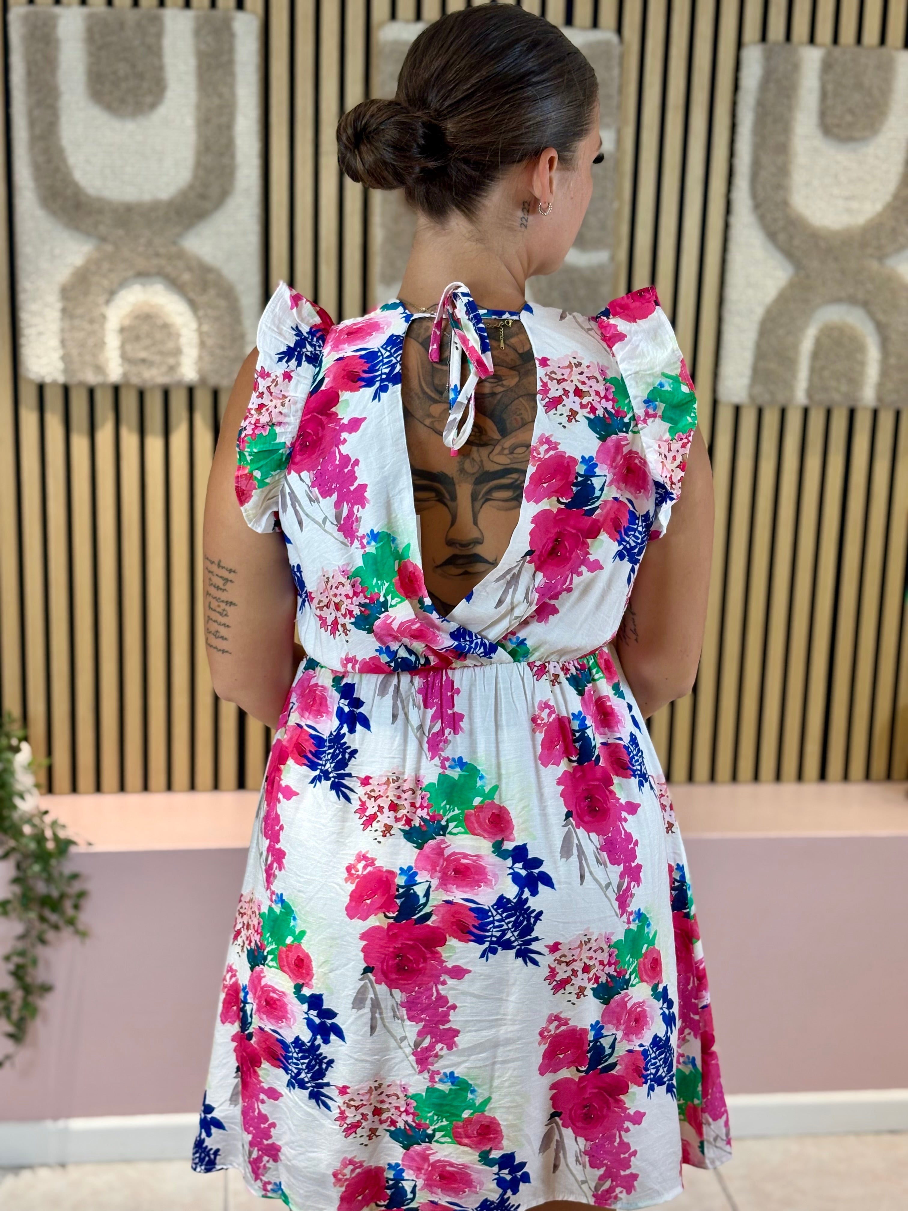 Robe courte - Laora - Blanc fleuri