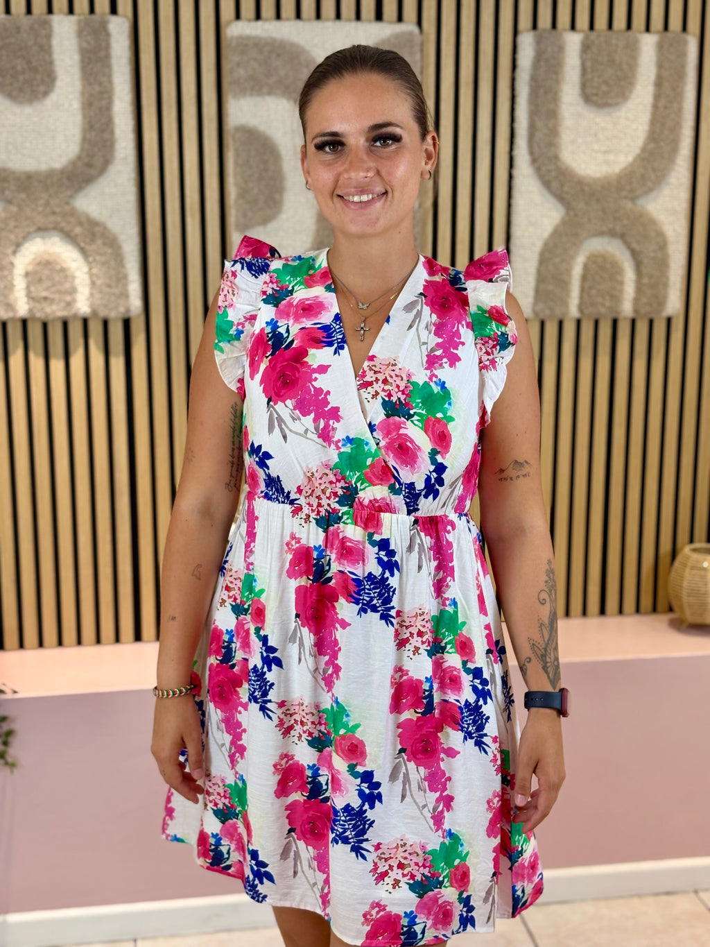 Robe courte - Laora - Blanc fleuri